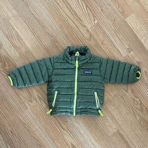 Kids Patagonia Olive Green Puffer Jacket with Neon Trim 6-12 Month